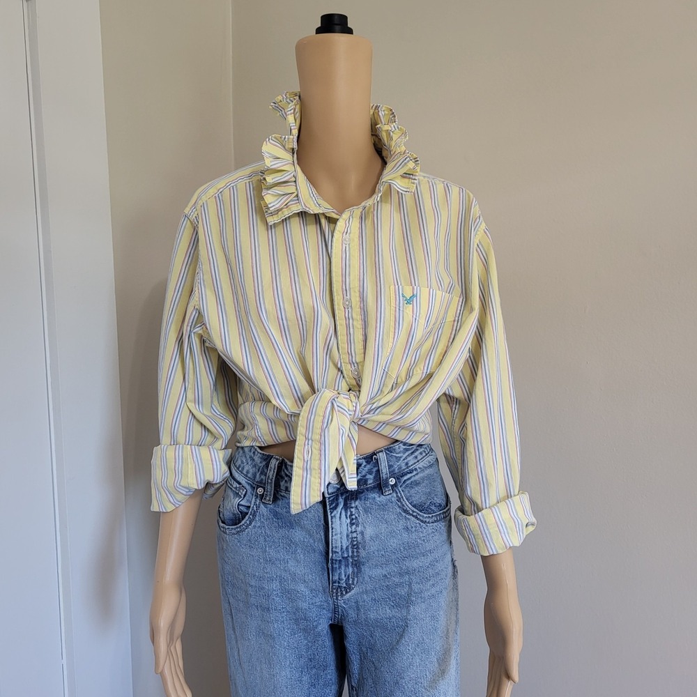 Viral Reworked Upcycled American Eagle Ruffle Collar Shirt Long Sleeve Size L